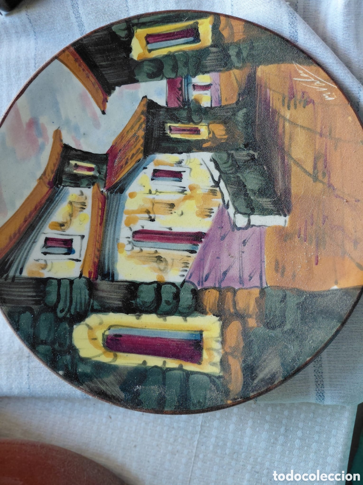 Antig&uuml;edades: Plato Decorativo Cer&aacute;mica Pintada Casas