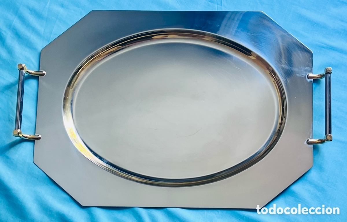 Antig&uuml;edades: Elegante Bandeja Octogonal Italiana SAF &ndash; Acero Inox 18/10 y Lat&oacute;n o ba&ntilde;o oro