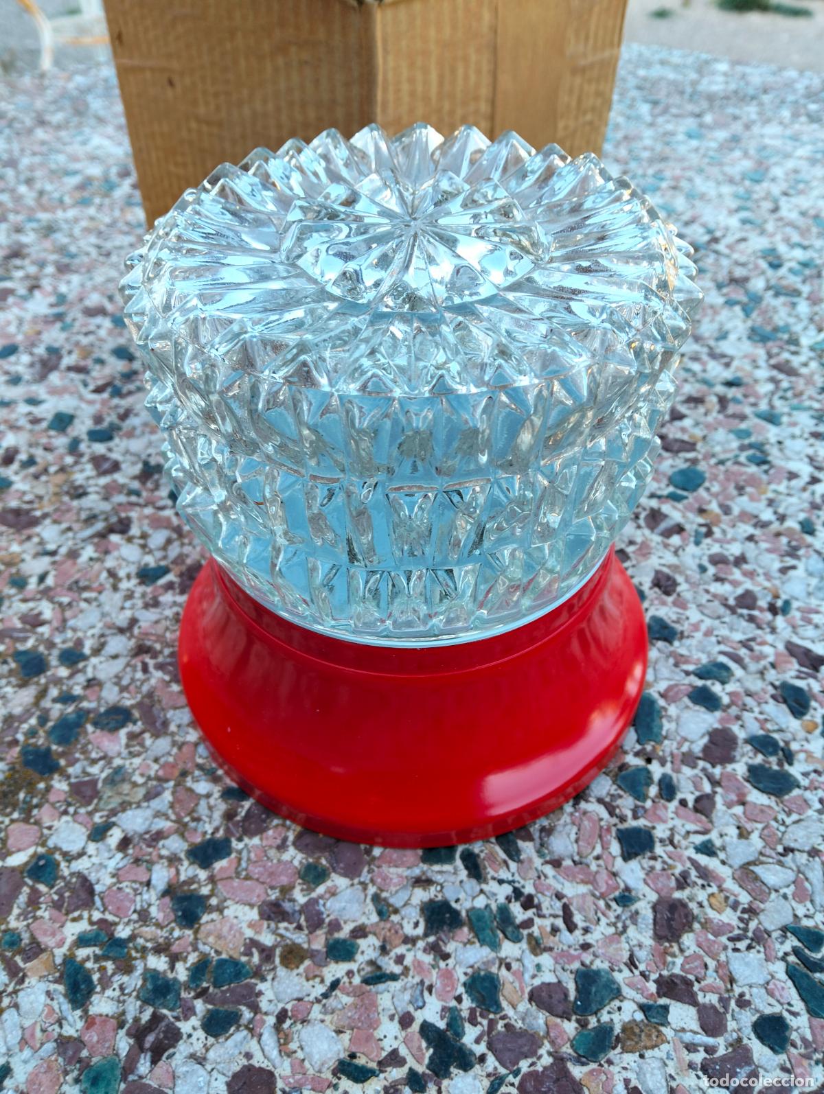 Antiquit&eacute;s: L&aacute;mpara pared techo aplique redondo tulipa transparente plaf&oacute;n rojo antiguo Luxus vintage a&ntilde;os 70