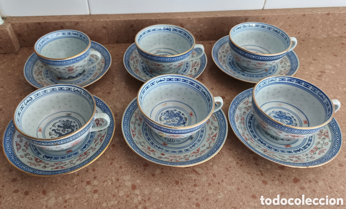 Antig&uuml;edades: JUEGO DE TAZAS CON SUS PLATOS, GRANO DE ARROZ CHINA.