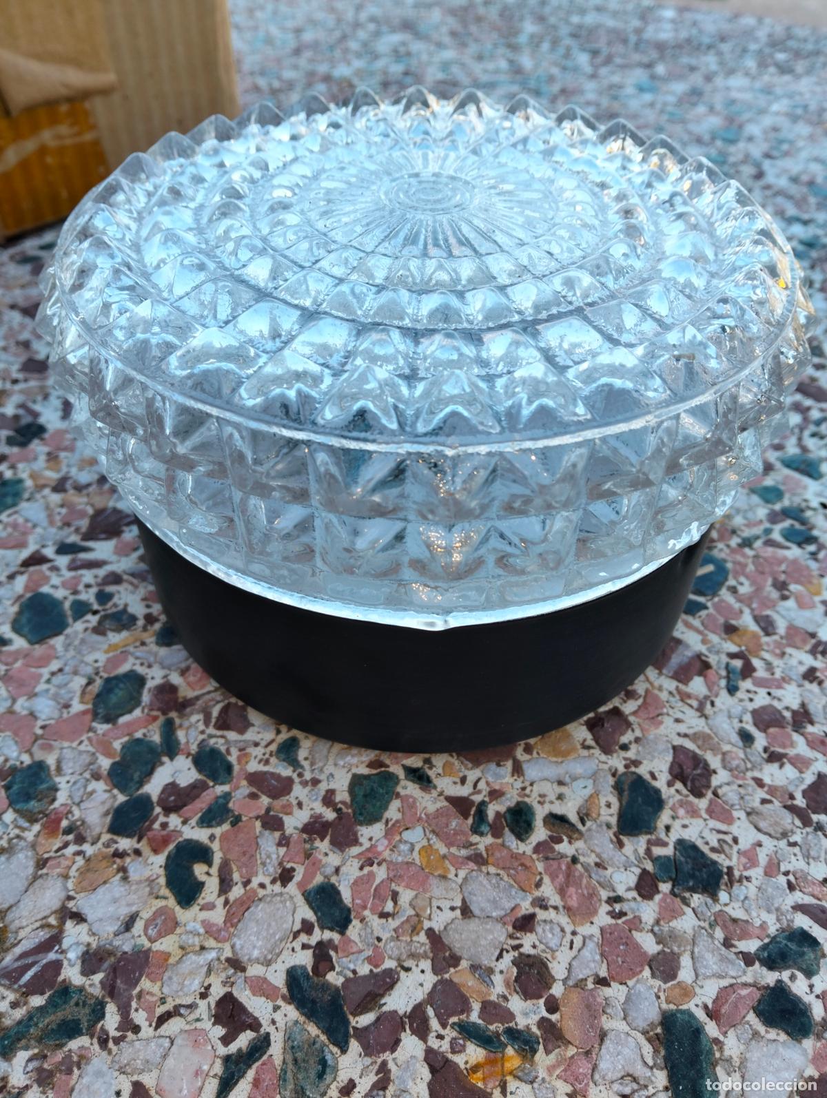 Antiquit&eacute;s: L&aacute;mpara pared techo aplique redondo tulipa transparente plaf&oacute;n negro antiguo Carpi vintage a&ntilde;os 70