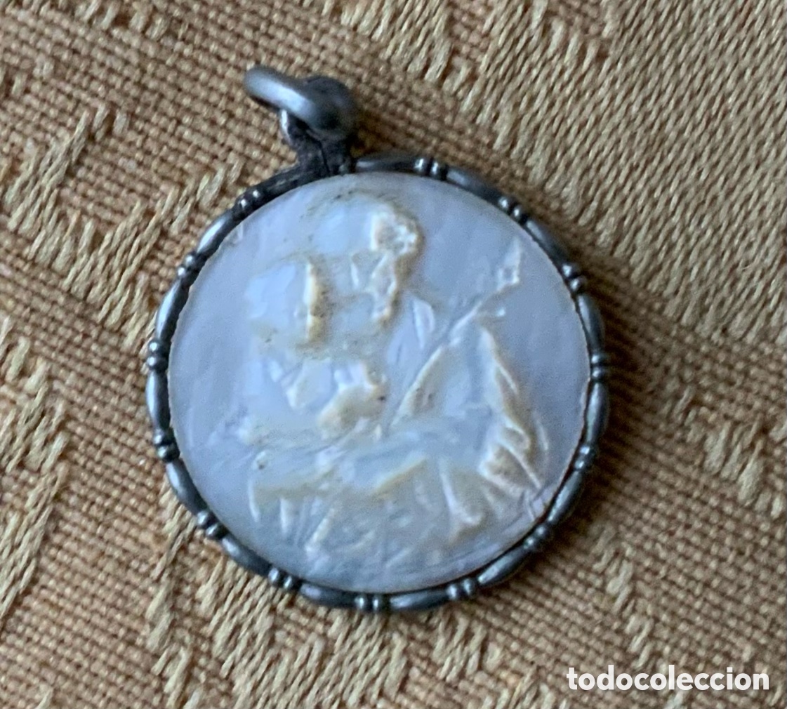 Antig&uuml;edades: ANTIGUA MEDALLA NACAR Y PLATA SAN JOSE Y EL NI&Ntilde;O