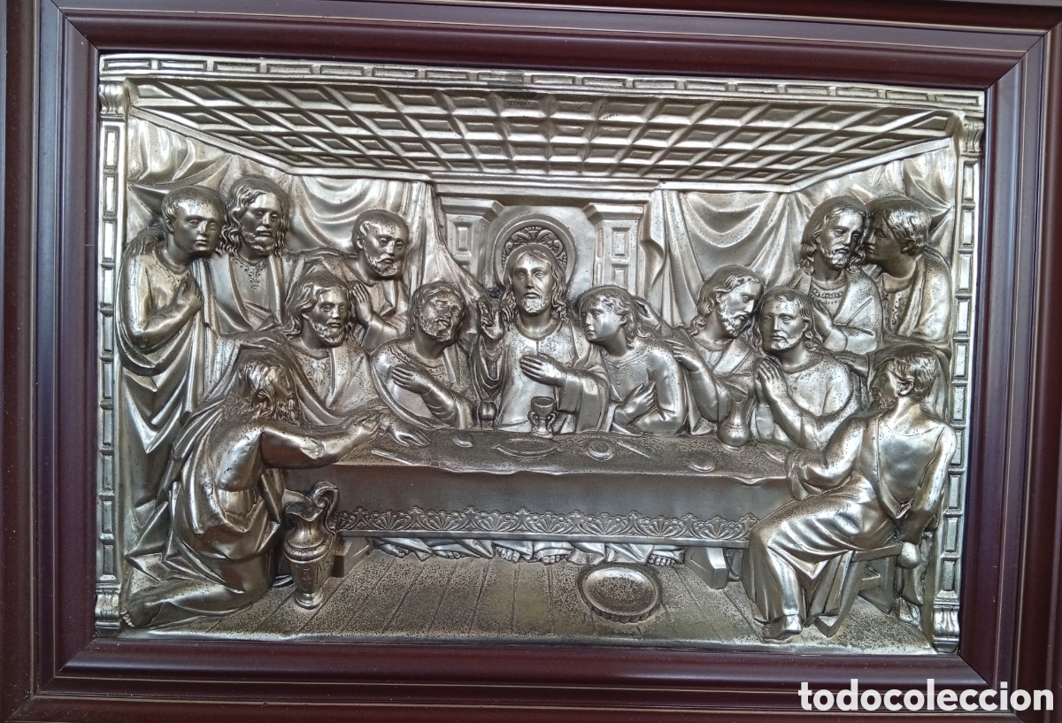 Antig&uuml;edades: Cuadro de La &uacute;ltima cena de Jes&uacute;s y los ap&oacute;stoles metal plateado