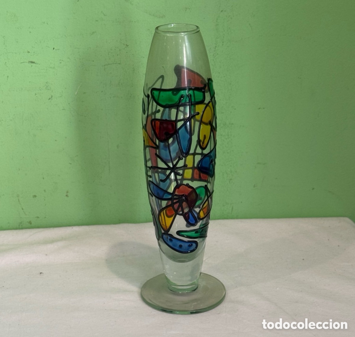 Oggetti Antichi: Jarr&oacute;n art&iacute;stico vintage cristal esmaltado a mano estilo abstracto a&ntilde;os 60 70