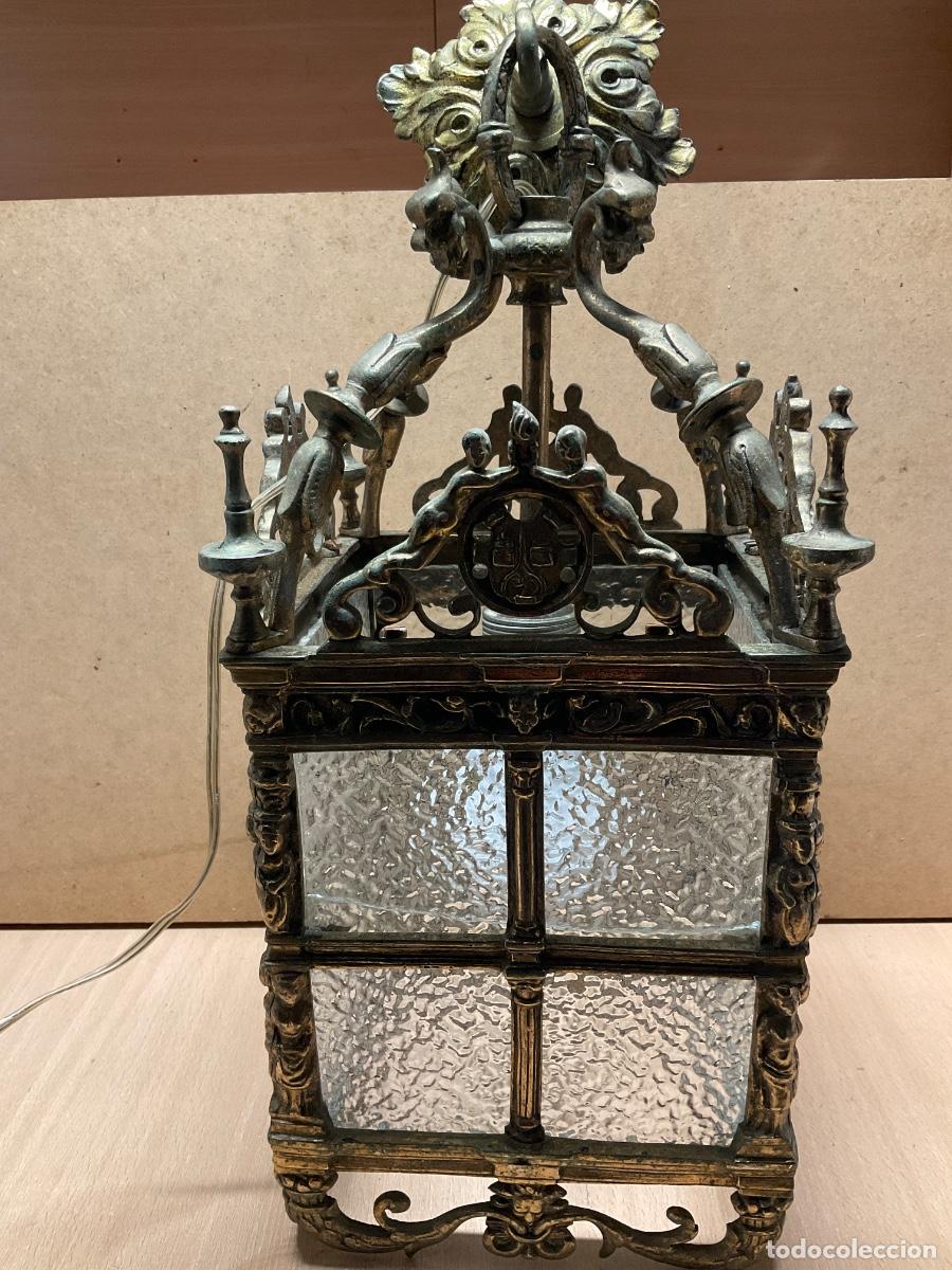 Antig&uuml;edades: Farol Antiguo de Techo en Bronce Macizo (5 kg aprox.) y Cristal Catedral - &Eacute;poca 1890-1940