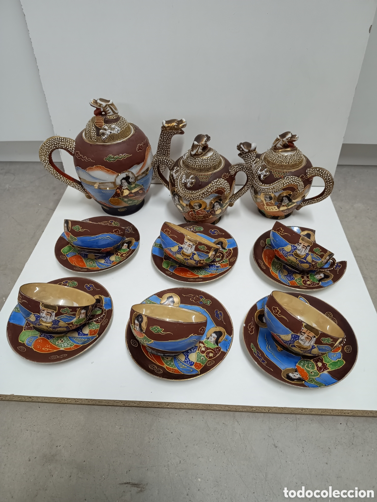 Antiguidades: JUEGO DE T&Eacute; SATSUMA JAP&Oacute;N DE PORCELANA C&Aacute;SCARA 6 SERVICIOS TETERA AZUCARERO Y JARRA