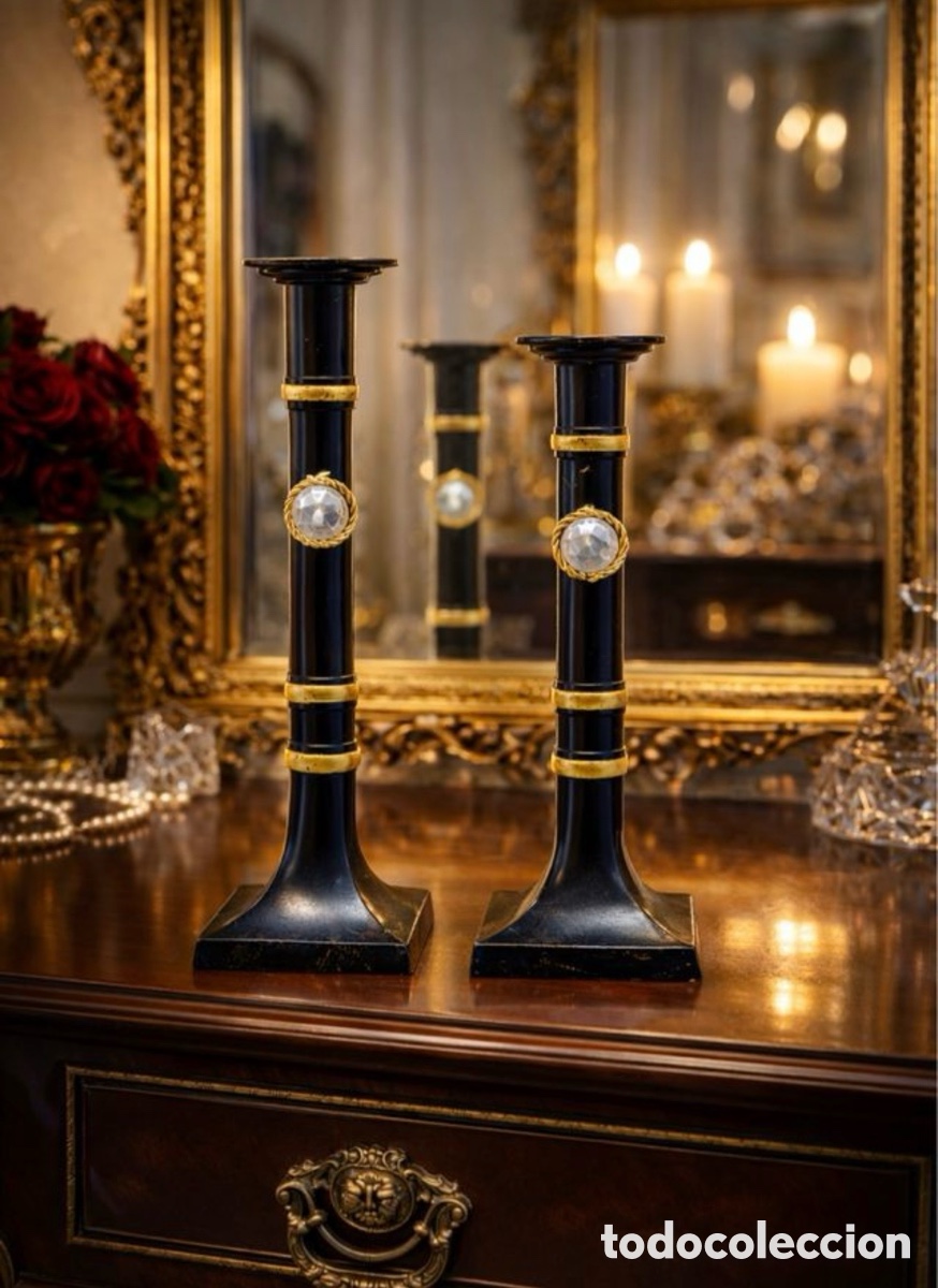 Antiguidades: 2 Candelabros con joya metal negro-dorado Deluxe
