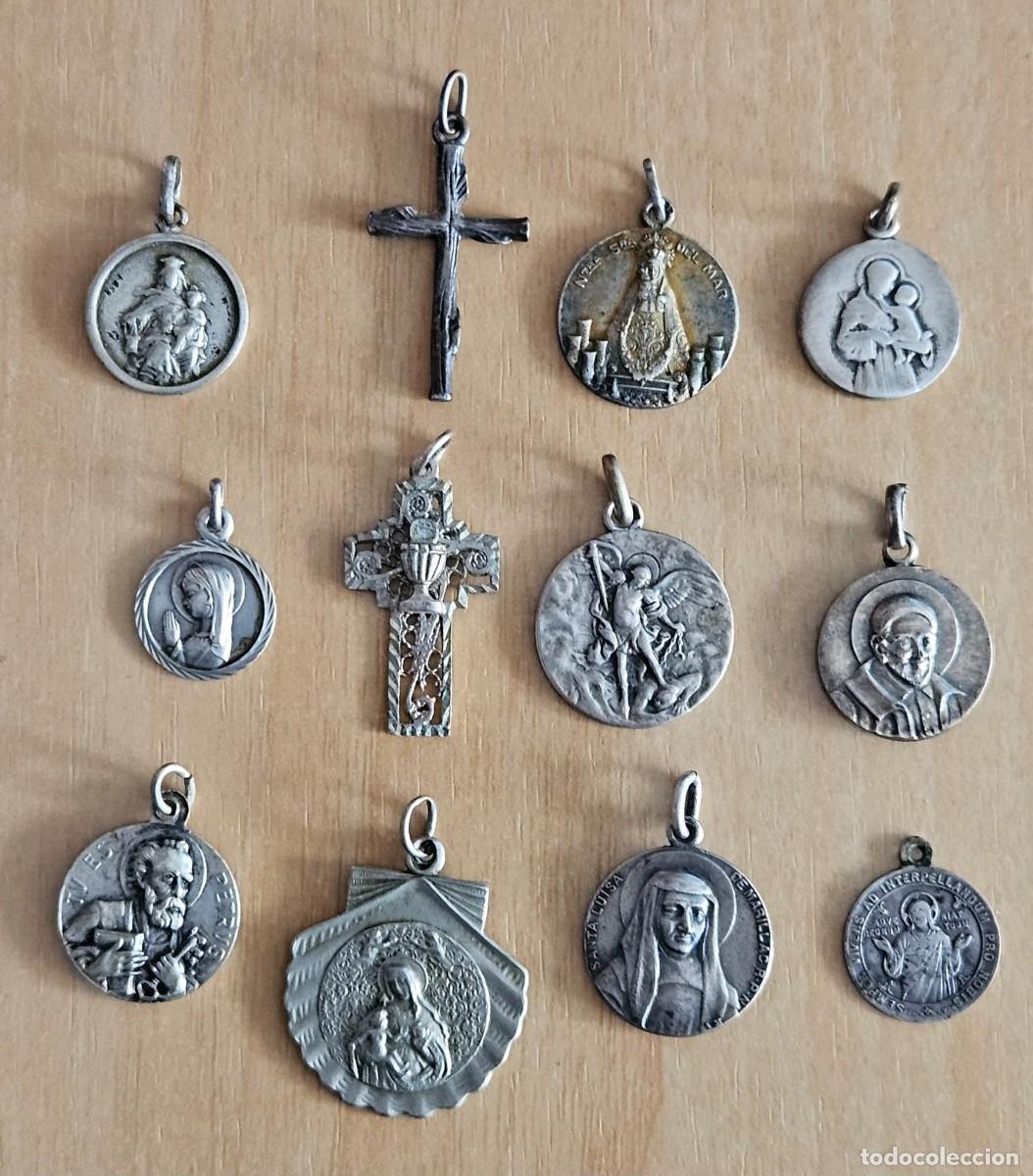 Antiguidades: LOTE RELIGIOSO-12 PIEZAS EN PLATA-Medallas, Crucifijo, Cruz y Virgen Ni&ntilde;a o Comuni&oacute;n-Peso 31,15 gr.