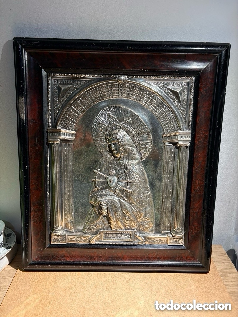 Antiques: Imagen icono Coronaci&oacute;n de la Virgen Nuestra Se&ntilde;ora de los Dolores, ba&ntilde;o de plata, A Coru&ntilde;a