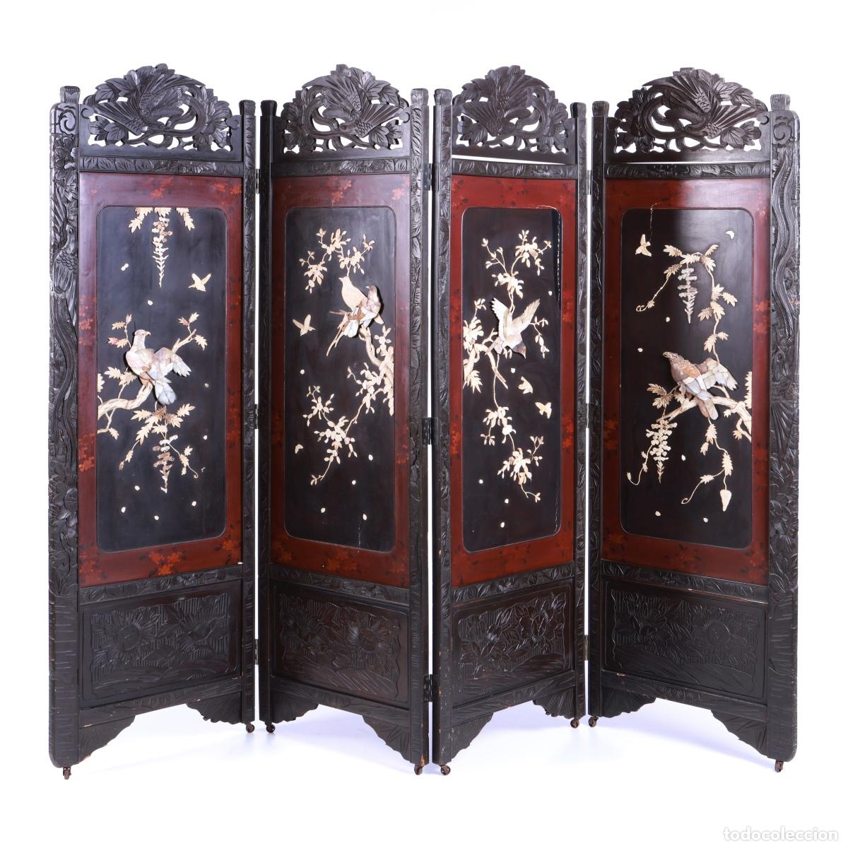 Antiques: Biombo oriental de cuatro paneles