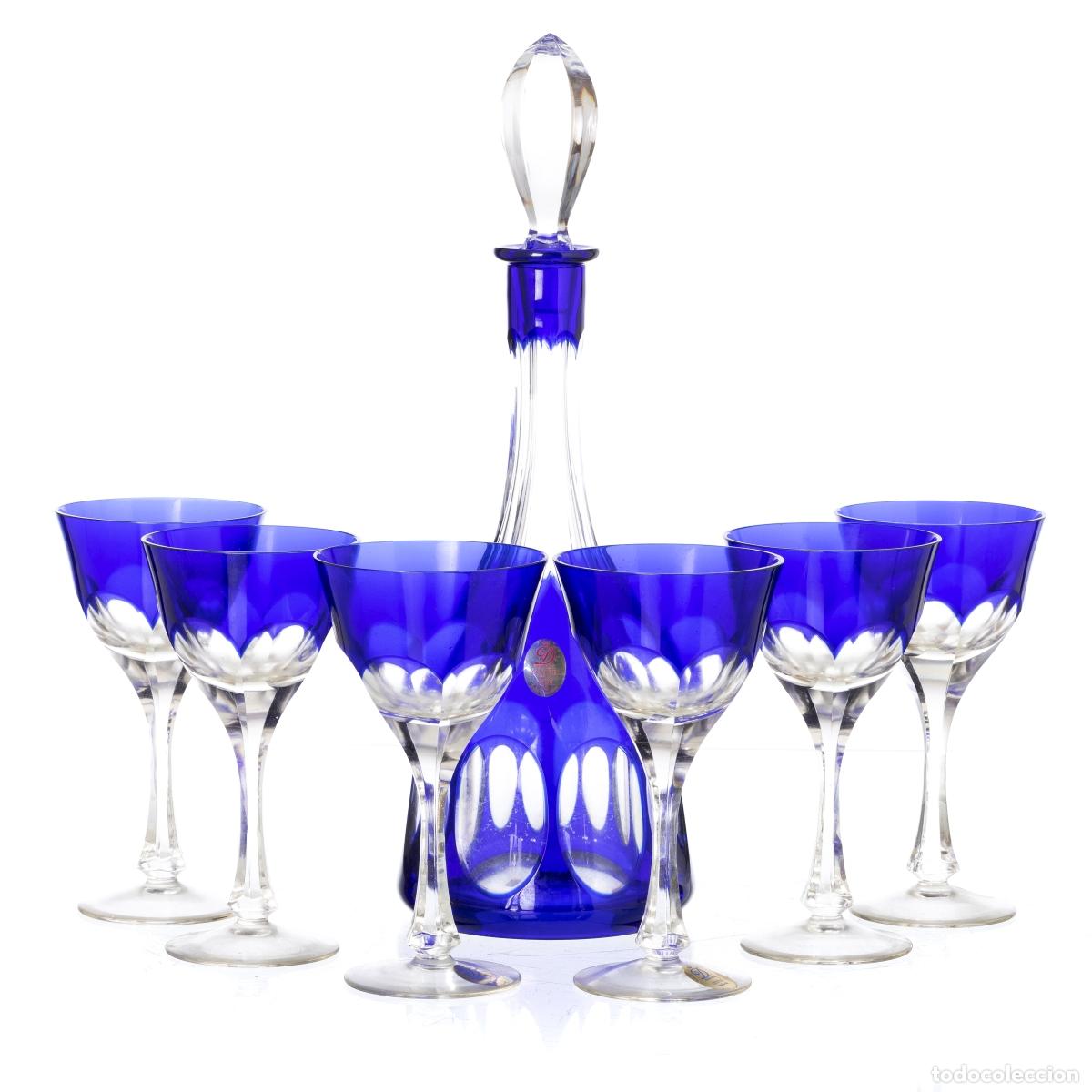 Oggetti Antichi: Cristal y vidrio - Juego de seis vasos y botella de Dresde