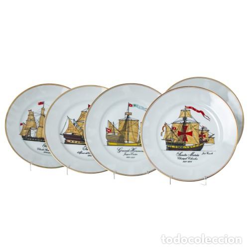 Oggetti Antichi: Porcelana - Cinco platos que representan barcos de los grandes descubrimientos - Vista Alegre