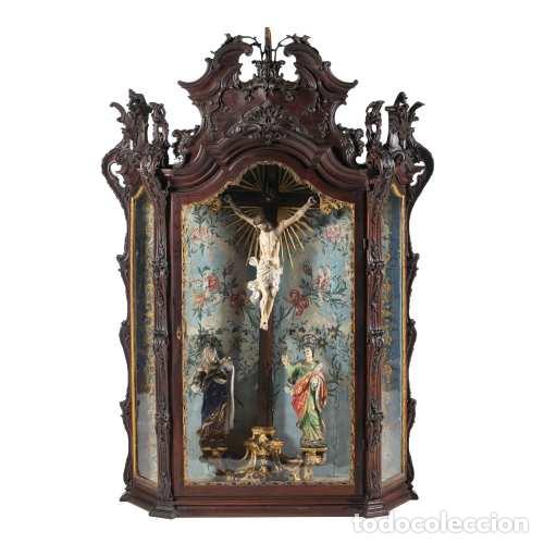 Antig&uuml;edades: Oratorio con Calvario, D. Jos&eacute;, en palo de rosa - siglo XVIII