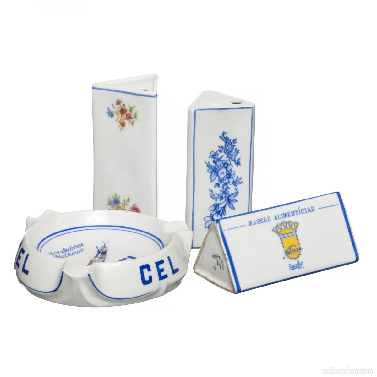 Antiguidades: Porcelana - Cenicero y tres palilleros triangulares - Vista Alegre
