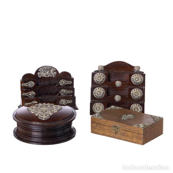 Antiques: Plata - Dos cajas y dos tarjeteros - Escudo Real Portugu&eacute;s - Siglo XIX