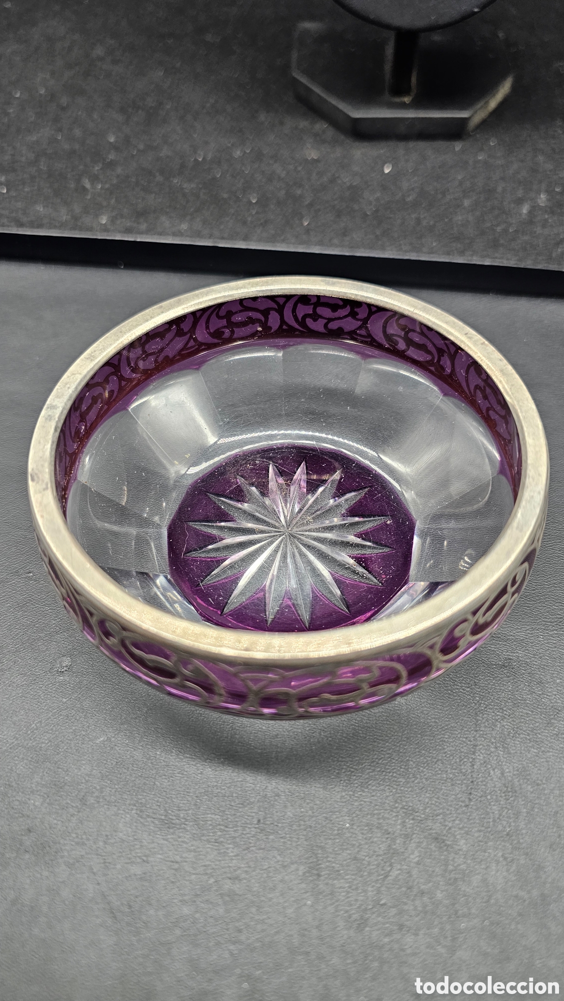 Antiques: Antiguo Cuenco de cristal rubi tallado con filigrana de plata de ley