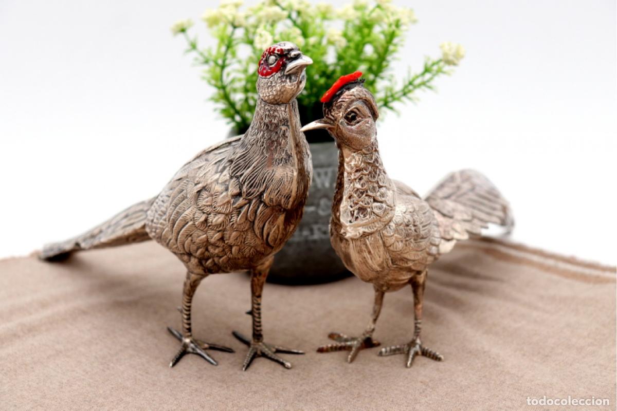 Antig&uuml;edades: Pareja de faisanes en plata - Foto 1