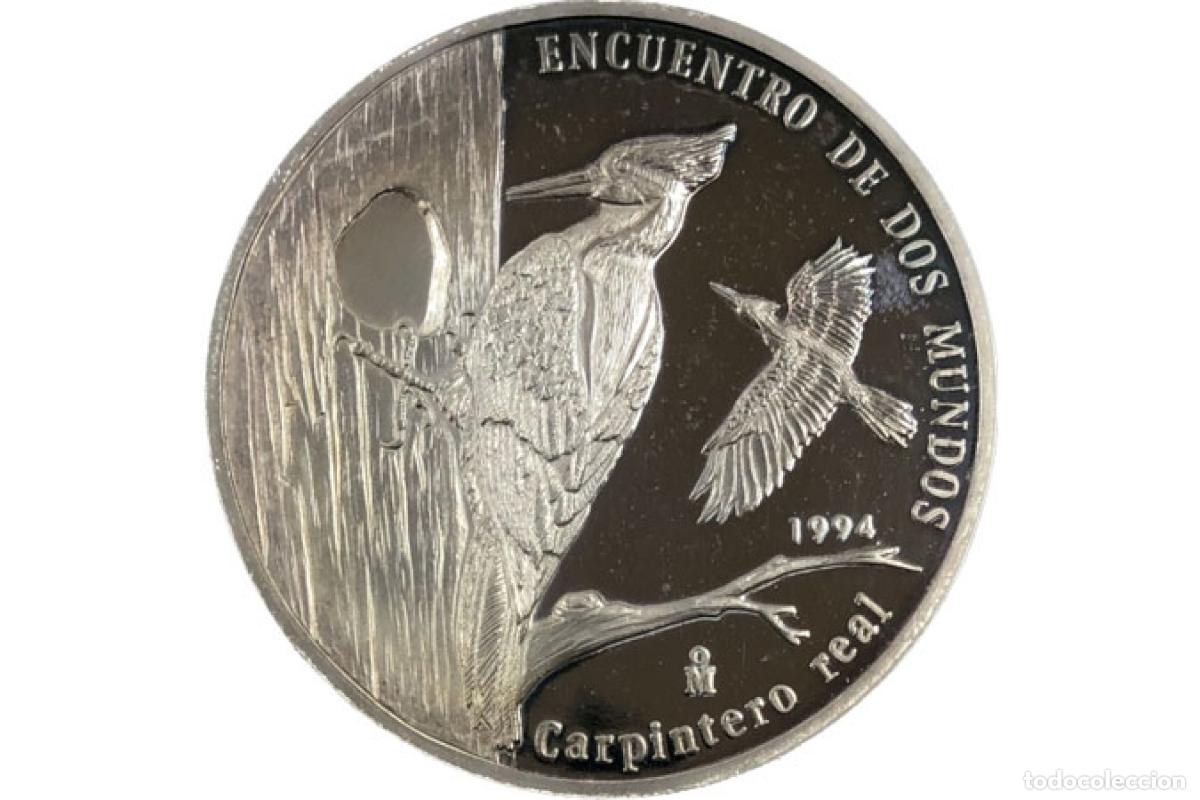 Antiques: Moneda de plata - 10 Pesos - Encuentro de dos mundos Iberoamericano - P&aacute;jaro carpintero de pico negr