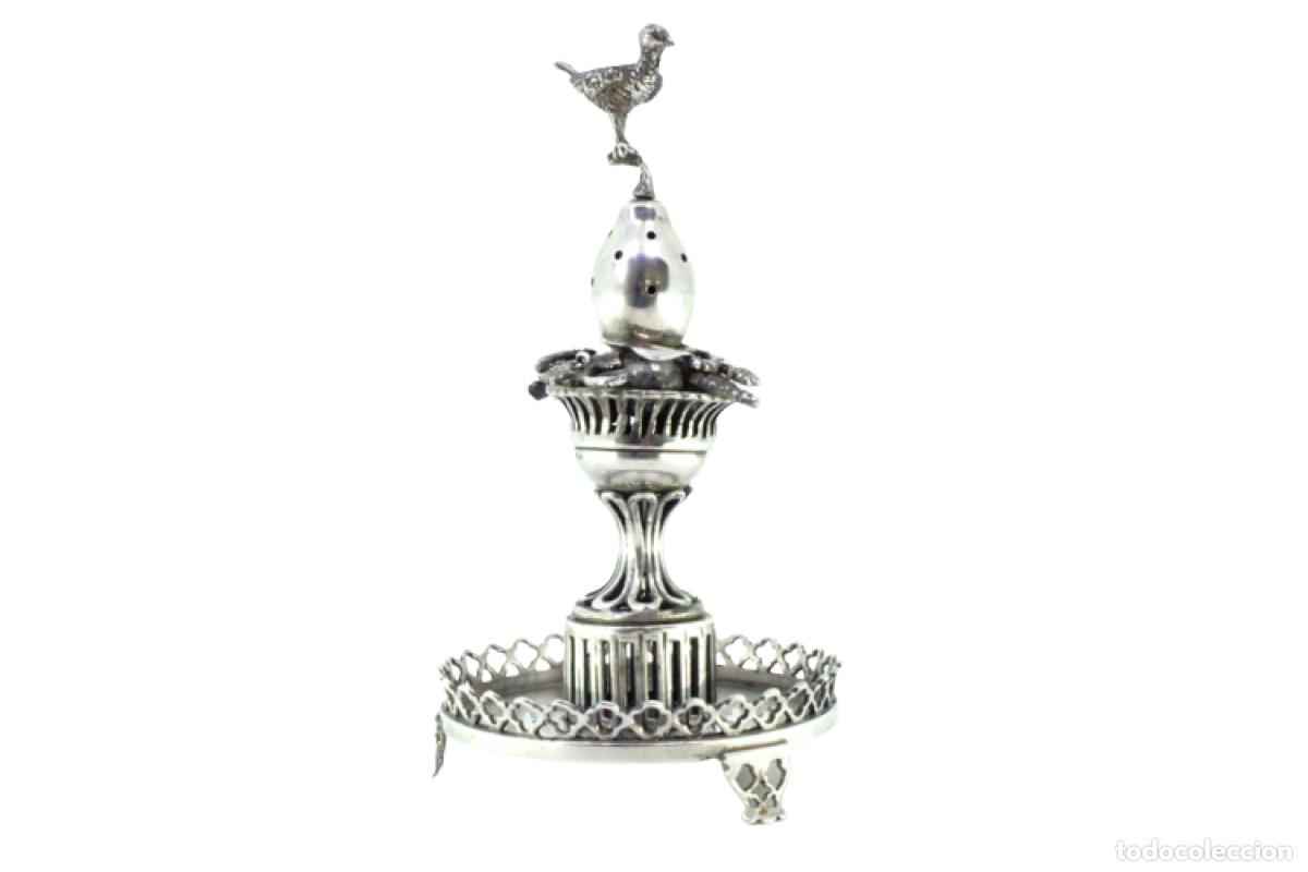 Antiguidades: Soporte de plata para palillos de dientes - Aves y frutas