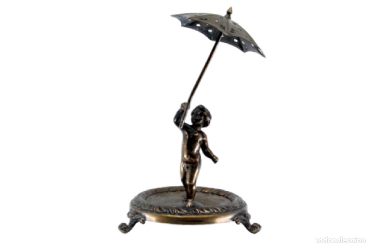 Antiques: Soporte de plata para palillos de dientes - Ni&ntilde;o y paraguas