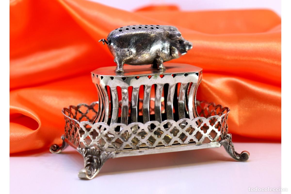Antiguidades: Soporte para palillos de dientes de plata - Cerdo