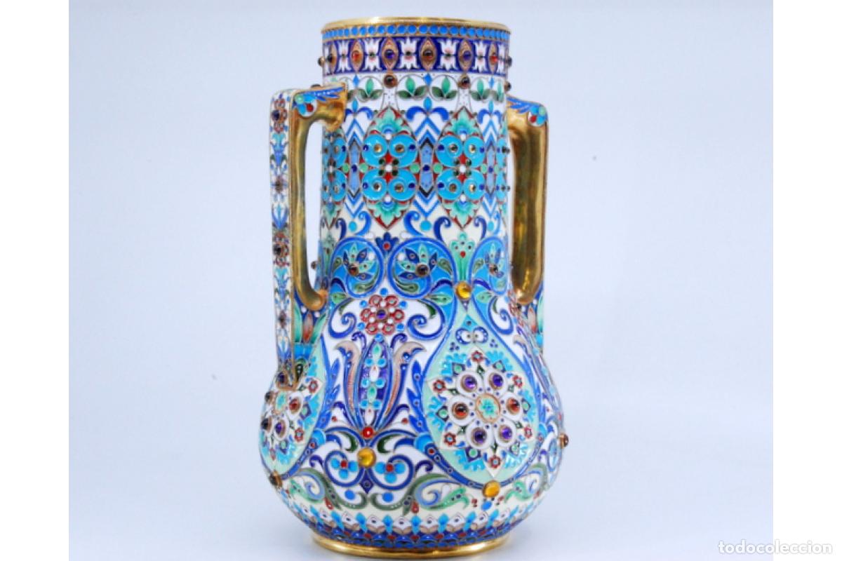 Antig&uuml;edades: Recipiente para l&iacute;quidos, en cloisonn&eacute; de plata rusa. - Foto 3