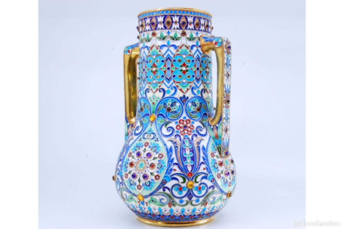 Antig&uuml;edades: Recipiente para l&iacute;quidos, en cloisonn&eacute; de plata rusa. - Foto 4