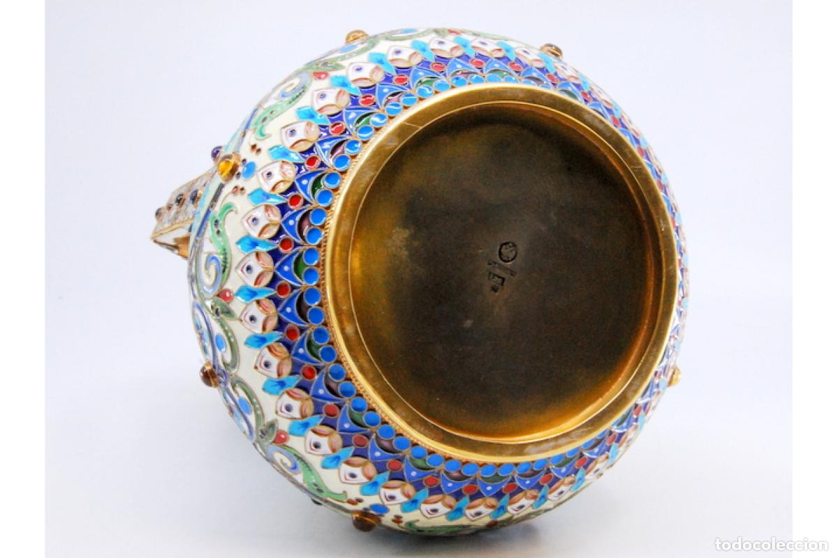 Antig&uuml;edades: Recipiente para l&iacute;quidos, en cloisonn&eacute; de plata rusa. - Foto 5
