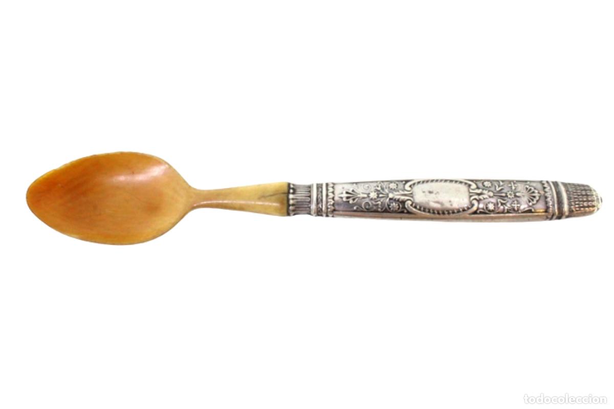 Antiques: Cuchara de postre de hueso y plata