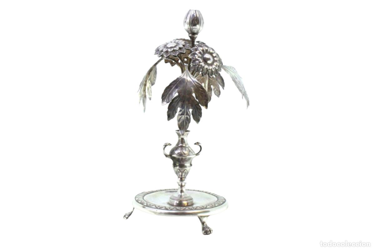 Antiques: Soporte de plata para palillos de dientes - Jarra y flores