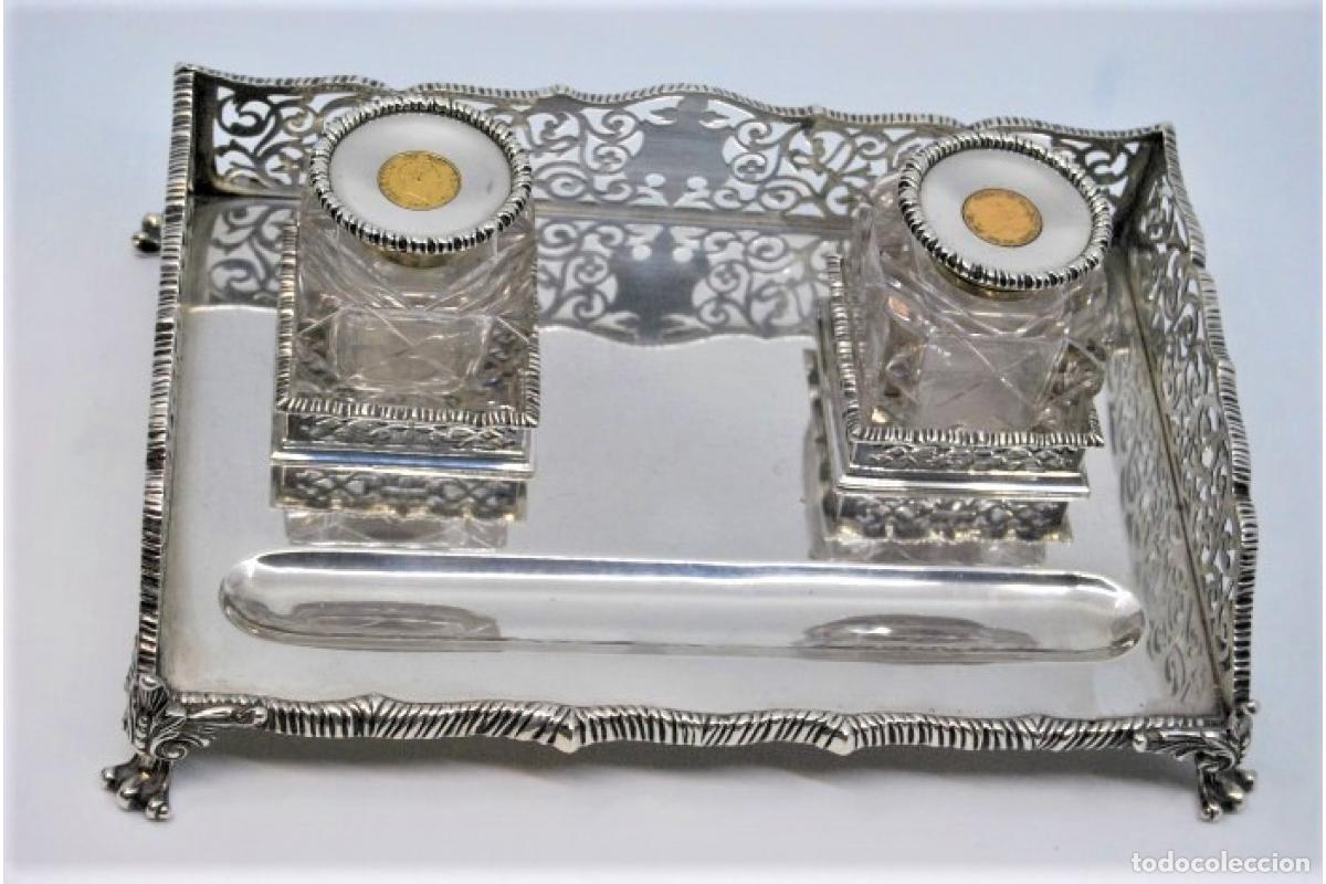 Antig&uuml;edades: Tintero de plata. Tapas con incrustaciones de medias libras. - Foto 6