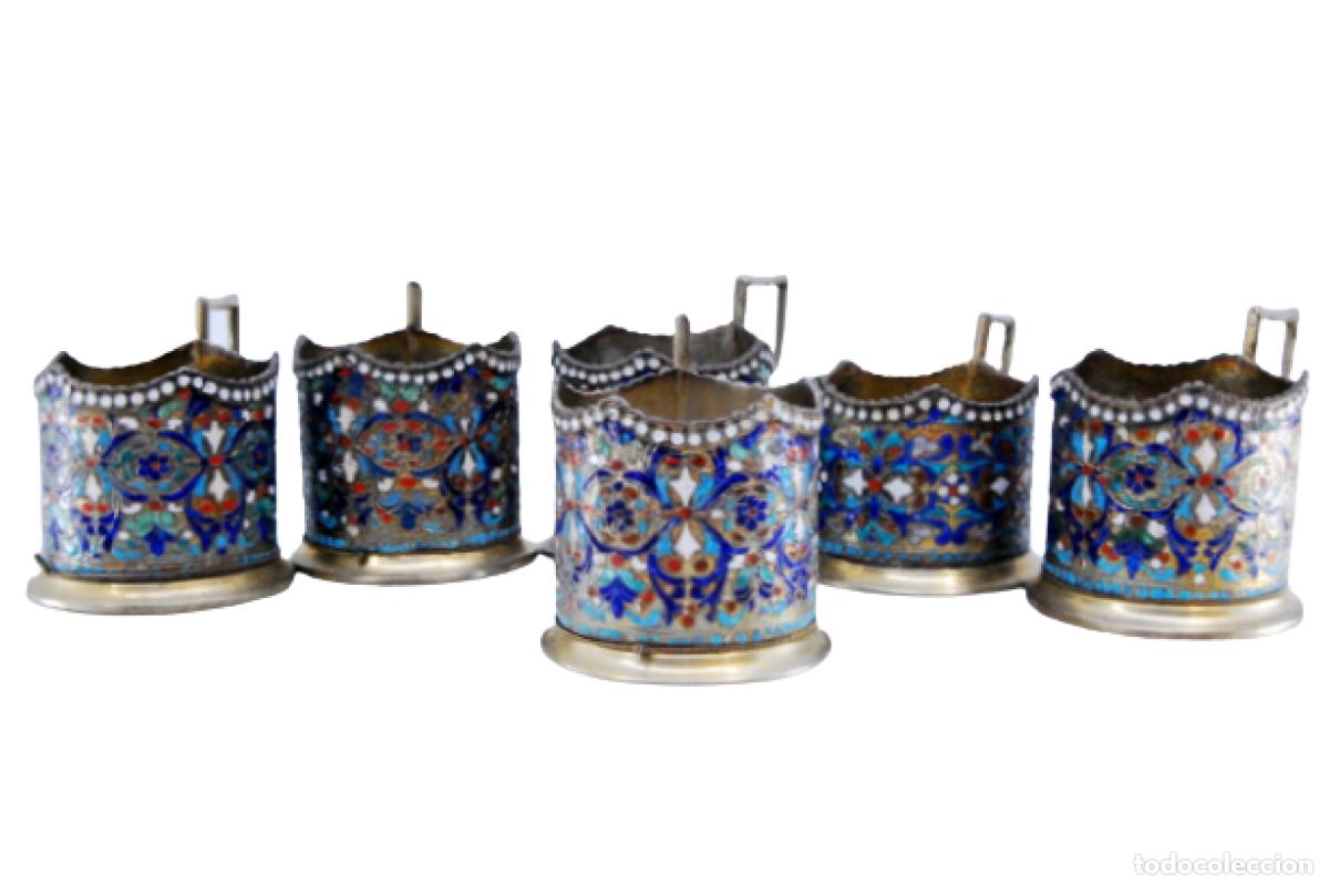 Antiques: Lote de 6 posavasos cloisonn&eacute; de platas