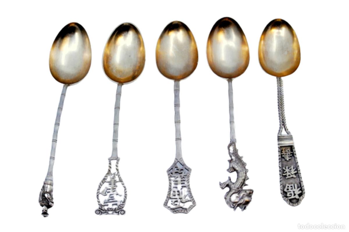 Antig&uuml;edades: Juego de 5 cucharillas de plata - Decoraci&oacute;n china