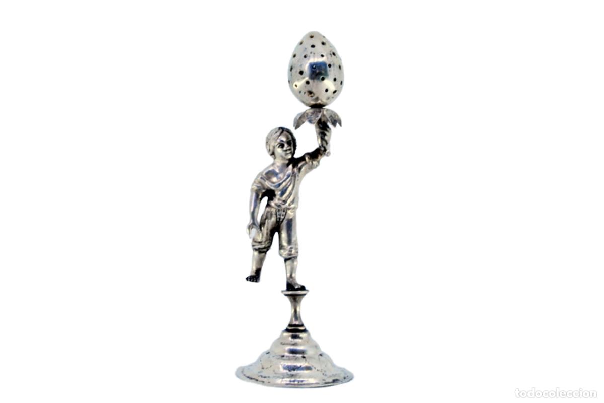 Antiquit&eacute;s: Soporte de plata para palillos de dientes - Figura masculina sosteniendo una fresa