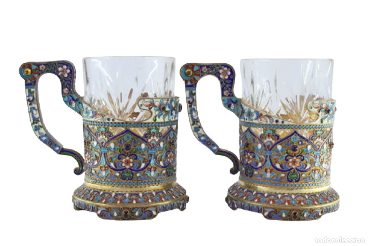 Antiguidades: 2 posavasos de plata cloisonn&eacute;