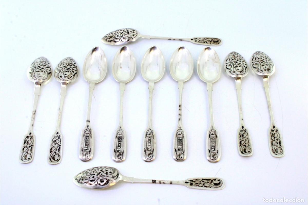 Antig&uuml;edades: Juego de 11 cucharas de postre de plata rusa. - Foto 2