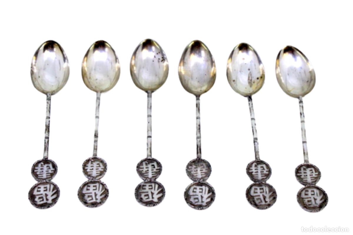 Antiques: Juego de 6 cucharas de plata con caracteres chinos.