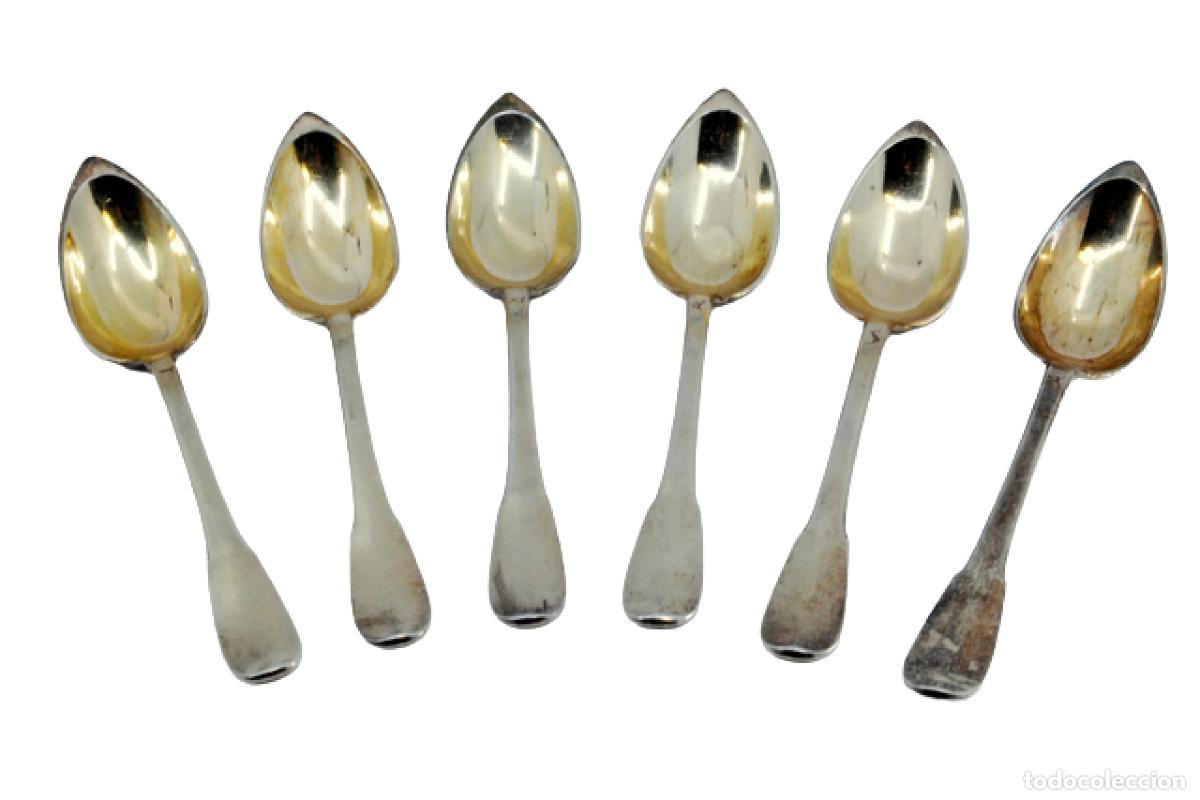 Antiques: Juego de 6 cucharillas de t&eacute;, de plata ba&ntilde;ada en oro.