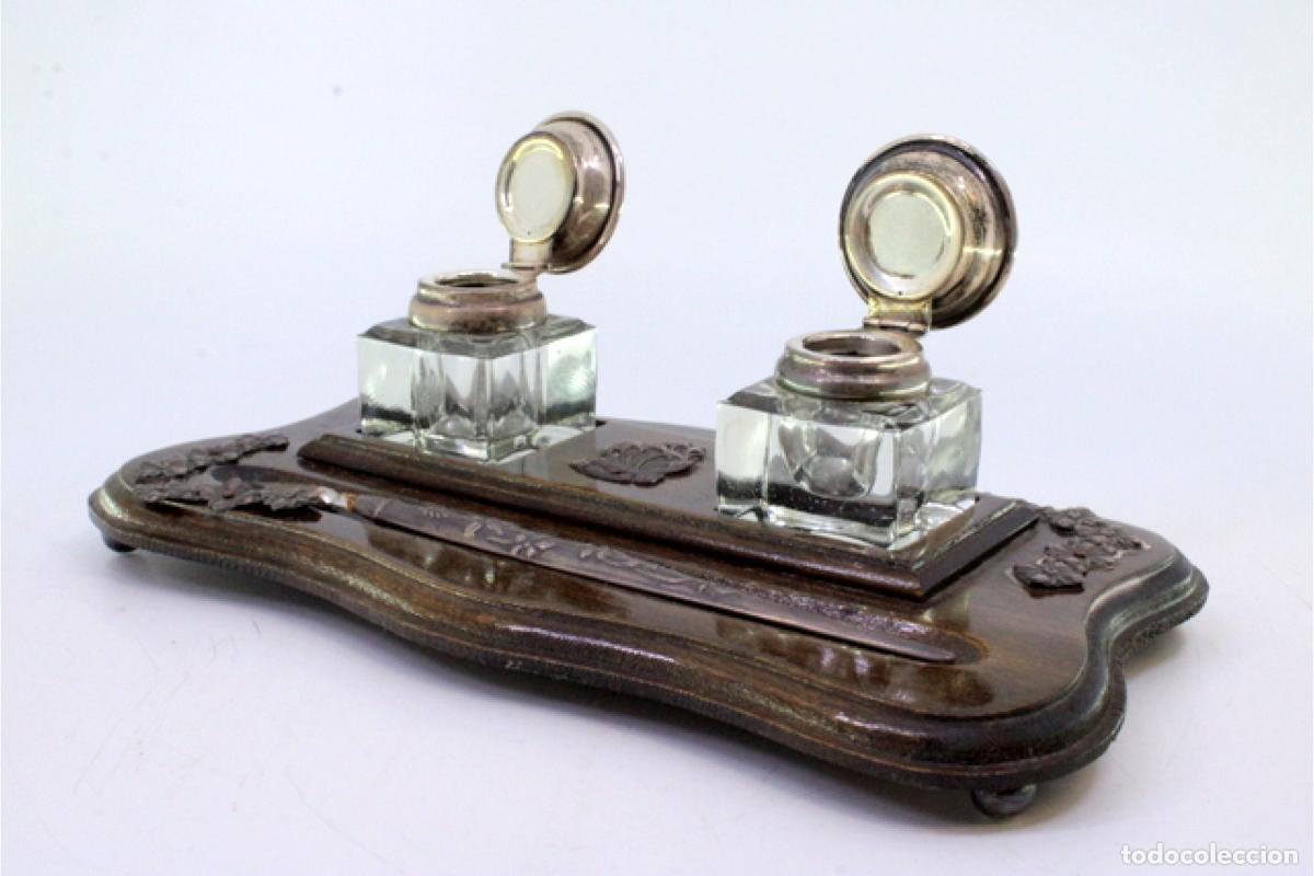 Antig&uuml;edades: Tintero de madera y plata - Foto 3