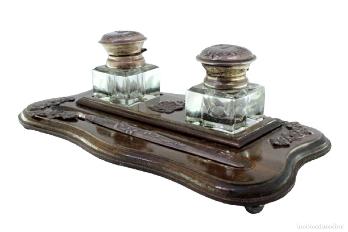 Antig&uuml;edades: Tintero de madera y plata - Foto 1