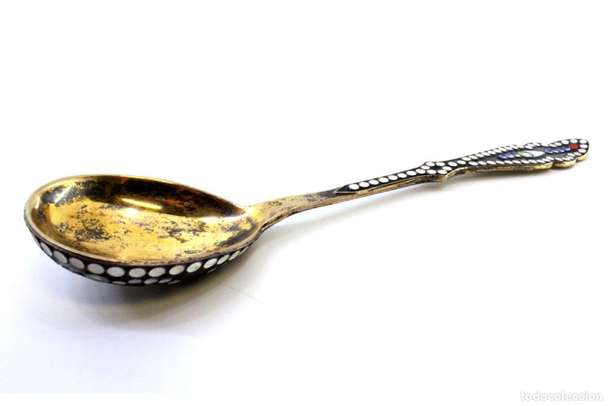Antig&uuml;edades: Cuchara de postre cloisonn&eacute; rusa de plata - Foto 3