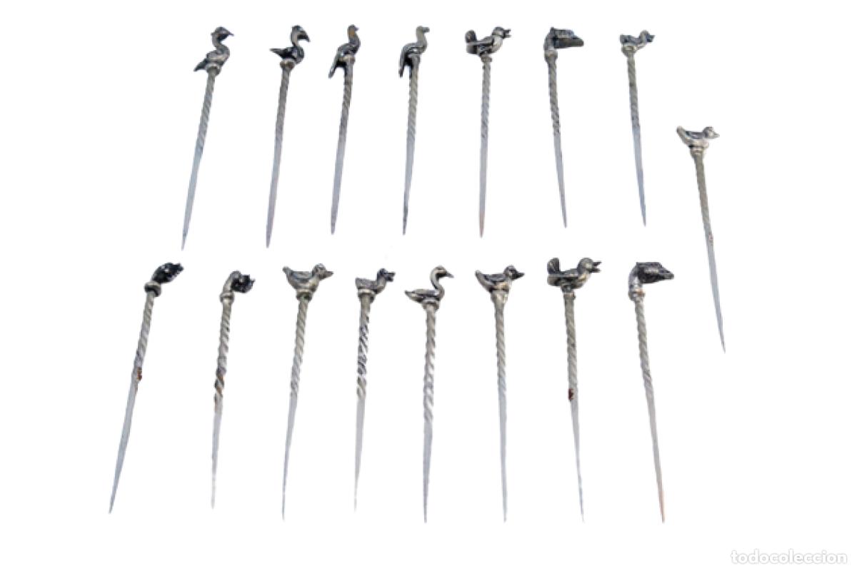 Oggetti Antichi: Juego de 16 palillos de dientes de platas - P&aacute;jaros
