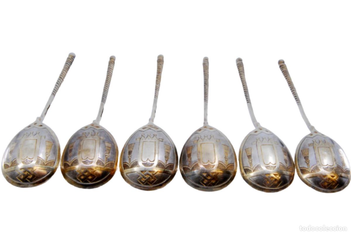 Antiquit&eacute;s: Juego de 6 cucharillas de t&eacute;, de plata ba&ntilde;ada en oro.