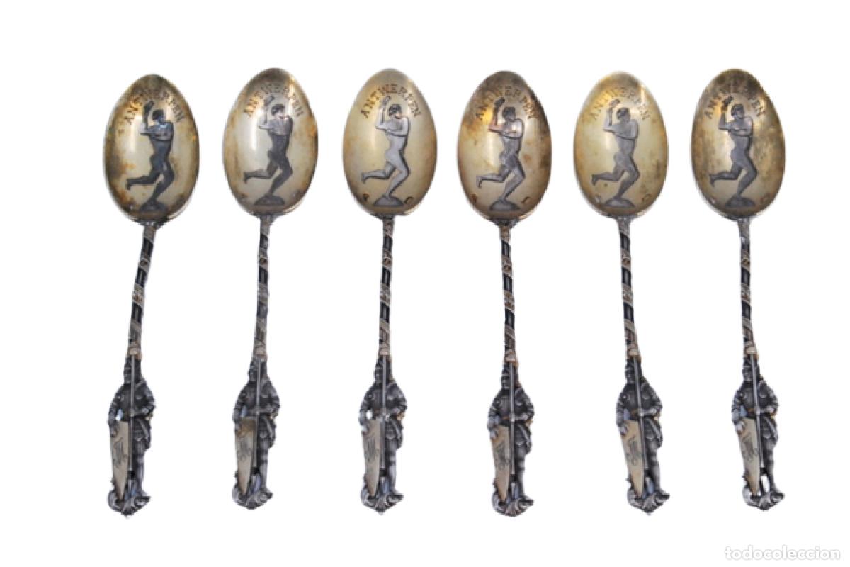 Antiques: Juego de 6 cucharas de plata ba&ntilde;adas en oro, con la imagen de un atleta ol&iacute;mpico y guerreros, en ref