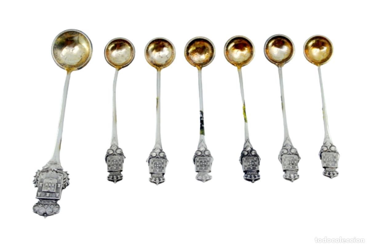Oggetti Antichi: Juego de 6 cucharillas de caf&eacute; y azucarero, en plata, con monedas de 200/500 reis y el escudo de arm