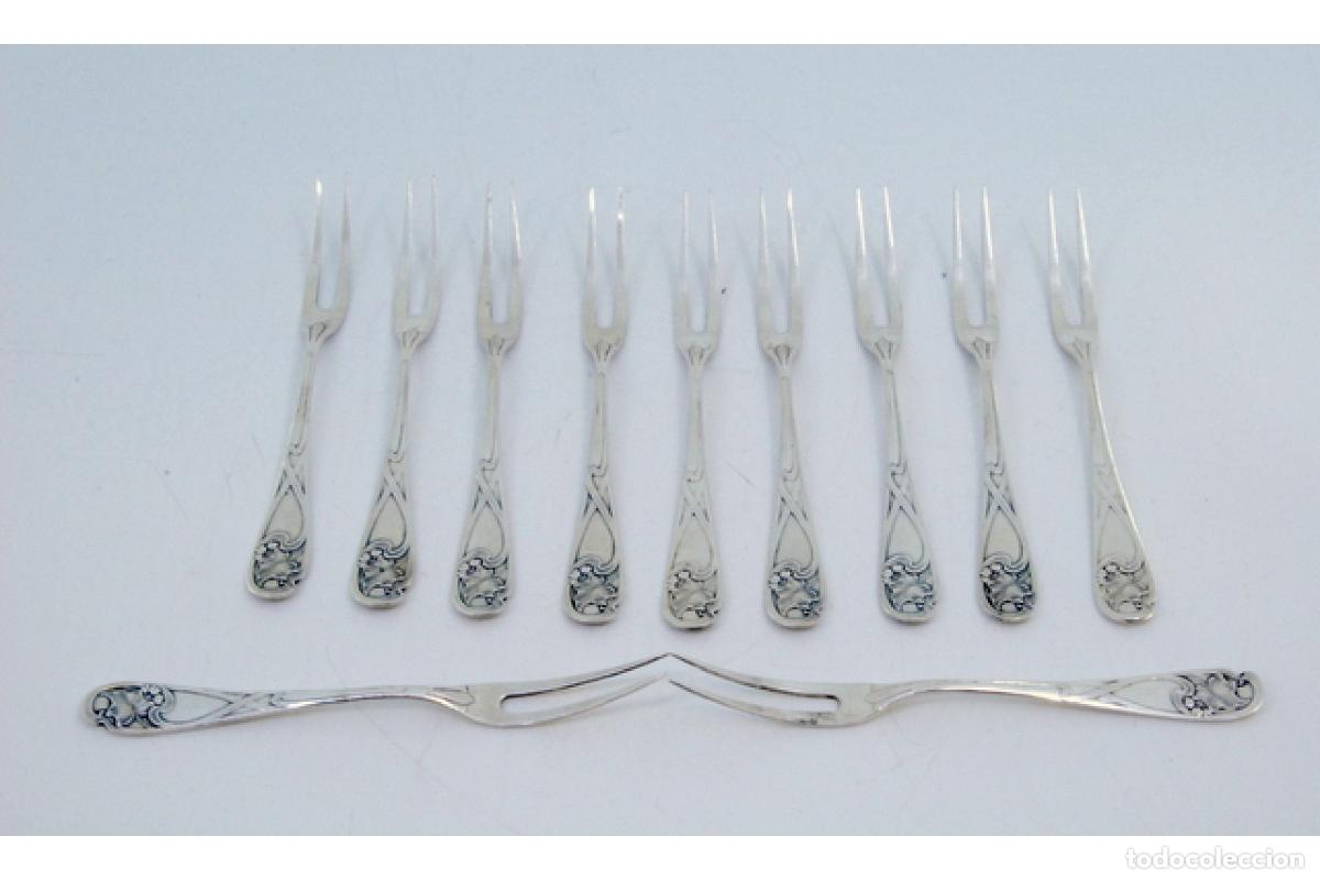 Antig&uuml;edades: Juego de 6 tenedores de postre de plata - Foto 2