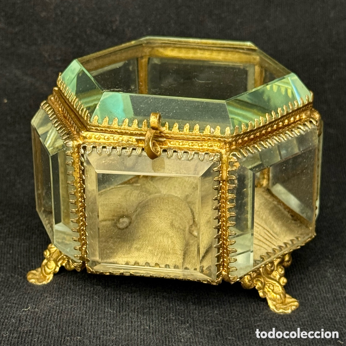Oggetti Antichi: ANTIGUO JOYERO BRONCE LATON CRISTAL BISELADO SEDA FRANCIA F. S. XIX CAJA COFRE TOCADOR JOYA