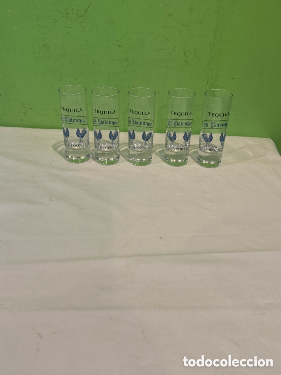 Oggetti Antichi: Lote de 5 vasos chupito tequila El Palenque M&eacute;xico gallos azules colecci&oacute;n bar