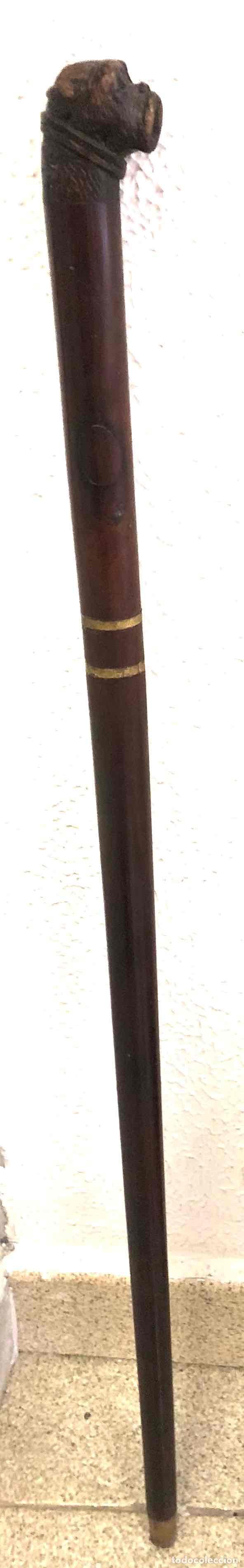 Antig&uuml;edades: BASTON DE MADERA CON EMPU&Ntilde;ADURA EN RELIEVE CON CABEZA DE PERRO. SIGLO XX