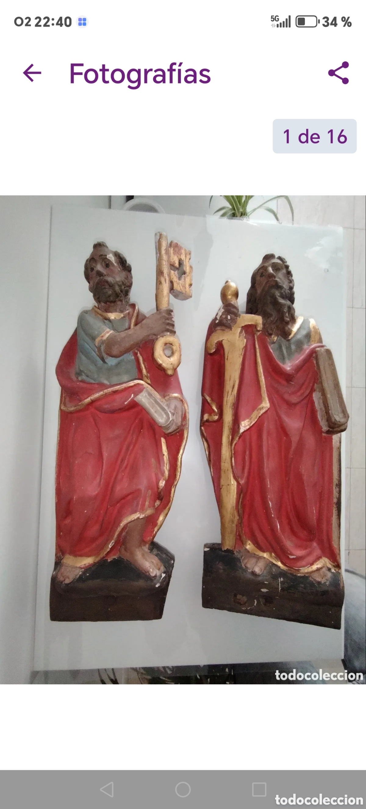 Antig&uuml;edades: Pareja de tallas de madera, San Pablo y San pedro, partes de un retablo de altar ,siglo XVIII